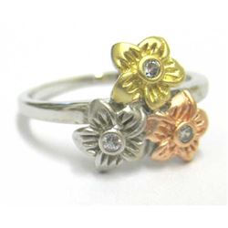 Tri Color Sterling Silver Flower Ring, Size 5