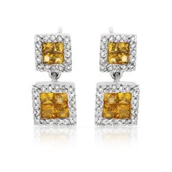 2 Square Yellow Sapphire W/ Diamond Drop Earrings 14K White Gold | 278066