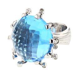 Round Checkered-Cut Blue Topaz Ring W/ Diamonds In 14K White Gold | 289331