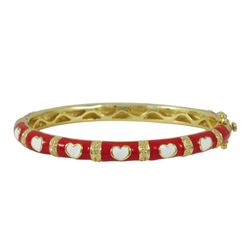 Red Enamel, White Hearts-Gold Plated Brass Bangle