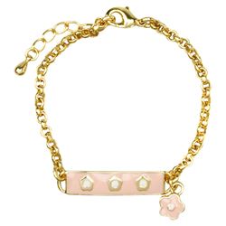 Lt. Pink Enamel Bar With White Flowers Gold Brass Chain Bracelet