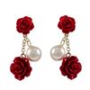 Image 1 : 6Mm And 8Mm Red Rose Flower With 5Mm White Pearl Dangling, Gold Plated Sterling Silver Post Earrings