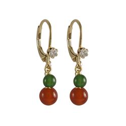 Carnelian 6Mm And Green Jade 4Mm Semi Precious Balls Dangling, Gold Plated Surgical Steel Lever Back