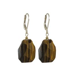 Tiger Eye Semi Precious Stone On Gold Tone Sterling Silver Lever Back Earrings -1.54"