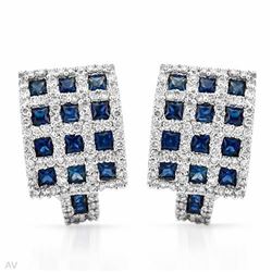 Checkered Sapphire/Diamond Earrings In 18K White Gold | 287032