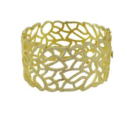 Gold Tone Sterling Silver Cuff Bangle 35Mm Wide With White CZ's Leaf Filigree Design-55M