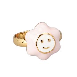 Red Enamel Large Smiley, Gold Tone Brass Ring Adjustable Size 3-4