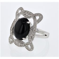 Black Onyx Twist Diamond Halo Cocktail Ring In 14K White Gold | 330632