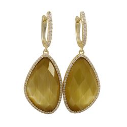 Citrine Cat's Eye Semi Precious Faceted Stone, With CZ Border, On Gold Plated Sterling Silver Lever 