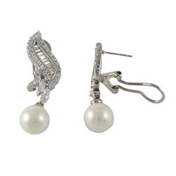 Sterling Silver CZ Post Clip Earrings With 10M Pearl-40M Long
