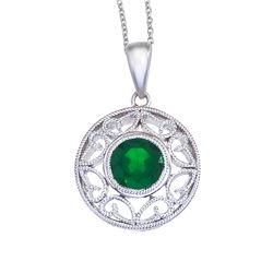 14K White Gold Emerald Filigree Pendant With 18" Chain
