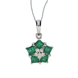 14K White Gold Emerald And Diamond Floral Star Pendant With 18" Chain
