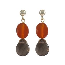 Smoky And Carnelian Semi Precious Stones On Gold Plated Sterling Silver Ball Post Earring, 1.20"