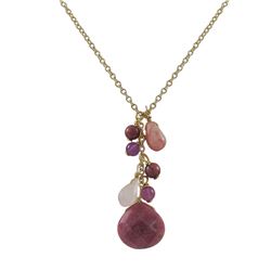 Rhodonite (Pink) Teardrop And Round Semi Precious Stone Y Necklace, Gold Plated Brass Chain, 16