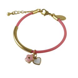 Hot Pink Cord, Pink Flower, White Heart Enamel Charms, Bracelet