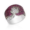 Image 1 : Wide Diamond Band W/ Flower And Ruby In 14K White Gold | 156293