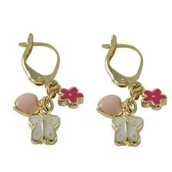 Hot Pink Flower, White Butterfly, And Light Pink Heart On Gold Plated Brass Lever Back Earrings, 1.2