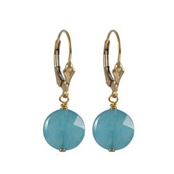 Blue Jade Semi Precious 10Mm Round Flat Stone On Gold Filled Lever Back Earrings, 1.18"