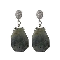 Labradorite(Grey) Semi Precious Stone Dangling On Rhodium Plated Sterling Silver CZ Post Earrings, 1