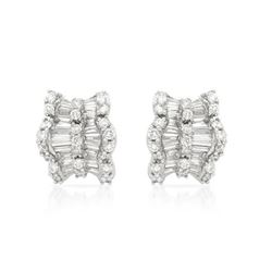 Baguette And Round-Cut Diamond Button Earrings In 18K White Gold | 220517