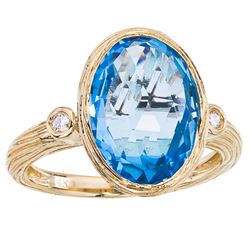 14K Brushed Yellow Gold Oval Blue Topaz And Diamond Ring