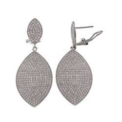 Rhodium Plated Sterling Silver, Pave CZ, Marquise Shaped Post Clip Earrings, 1.97