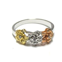 Tri Color Shiny Sterling Silver Flower Ring, Size 3