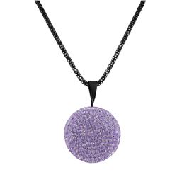 Lavender Clay Flat 25Mm Circle Pendant Covered With Lavender Crystals On Black Steel Chain 16