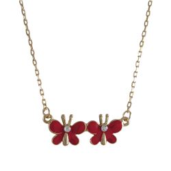 Red Enamel Double Butterly, Gold Tone Brass Necklace