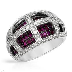 Halfway Diamond Band W/ Ruby In 14K White Gold | 156318