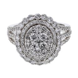 Round-Cut With Double Halo 3-Row Shank Cluster Diamond Ring In 14K White Gold | 435945