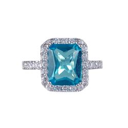 Aqua Square CZ, Surrounded With White Czs, Sterling Silver Ring Size 7