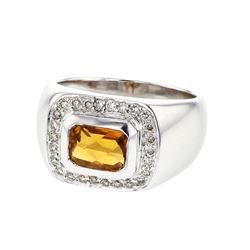 Emerald-Cut Citrine Bezel-Set Diamond Ring In 18K White Gold | 274023