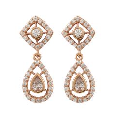 Rose Plated Sterling Silver Post Earrings With Teardrop And Round White CZ, 0.98"