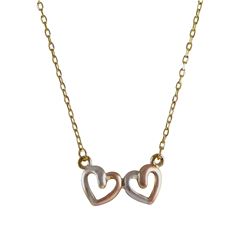 Tri Color Double Heart, Gold Tone Brass Necklace