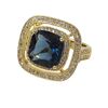 Image 1 : Midnight Blue Square Crystal Surrounded With A Double Row Of White Czs, Gold Tone Brass Ring Size 7
