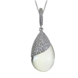 14K White Gold Green Amethyst Pear-Shaped Cabochon And Diamond Pendant With 18  Chain