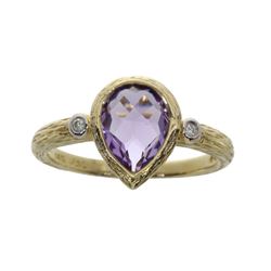 14K Yellow Gold Pear Shaped Amethyst And Diamond Ring