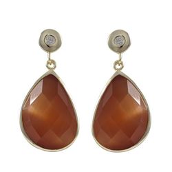 Carnelian Cat's Eye Semi Precious Faceted Stone On Gold Plated Sterling Silver Post Earrings, 1.10&Q