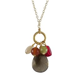 Smoky Semi Precious Stones Combination On Gold Plated Brass Donut Ring Necklace, 16&Quot; 2&Quot;