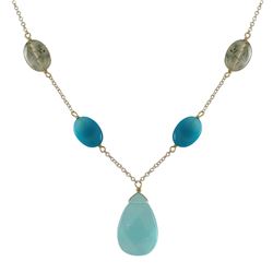 Blue Chalcedony Teardrop Semi Precious Stone Y Necklace, Gold Plated Brass Chain, 18