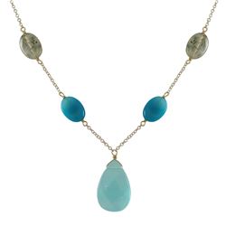 Blue Chalcedony Teardrop Semi Precious Stone Y Necklace, Gold Plated Brass Chain, 18