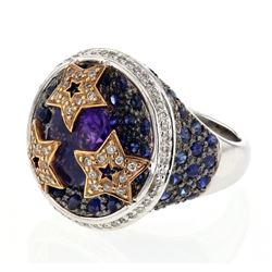 Round Purple Amethyst Ring W/ Stars & Diamonds In 14K White Gold | 289805