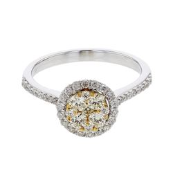 Round-Cut Single Halo Single Shank Cluster Diamond Ring In 14K White And Yellow Gold | 437978