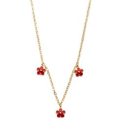 3 Red Enamel Flower Charms On A Gold Tone Brass Necklace, 15  2 