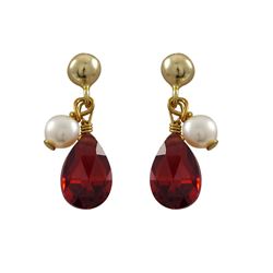 Gold Plated Sterling Silver Post Earrings With Dangling Garnet 6X9mm Teardrop CZ And 4Mm White Pearl