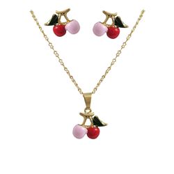 Pink/Red Enamel & Gold Plated Brass Cherry - Post Earrings And Necklace Set