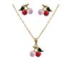 Image 1 : Pink/Red Enamel & Gold Plated Brass Cherry - Post Earrings And Necklace Set