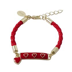 Red Enamel Bar With Red Hearts, Red Cord Gold Plated Brass Bracelet, 5" 1"