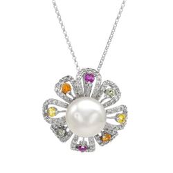 Genuine Sapphire & Pearl Pendant With Diamonds In 14K White Gold | 264971